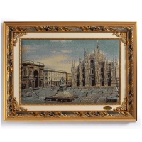 Picture A handmade tapestry illustrating Milan in a wooden frame