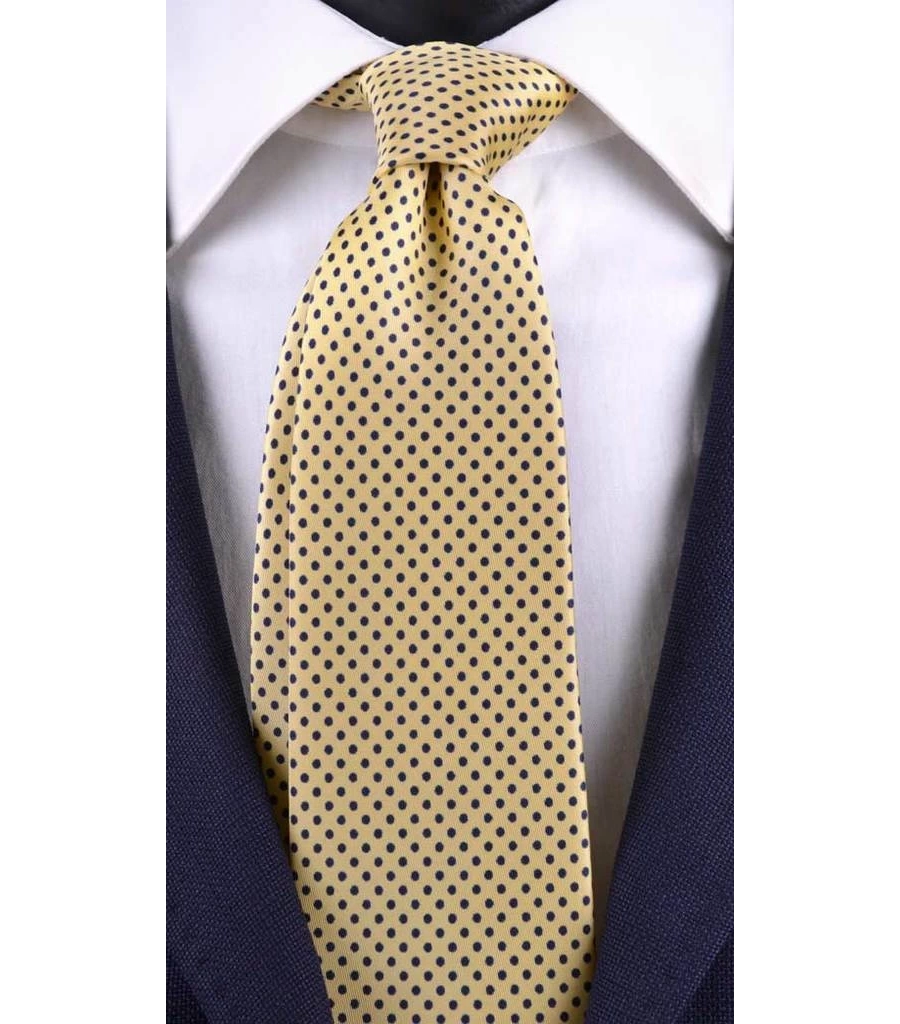 picture 1 Silk, yellow tie with navy blue dots