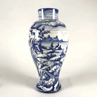 Picture Ceramic vase from 1976 with a rich decoration of a lake landscape with boats