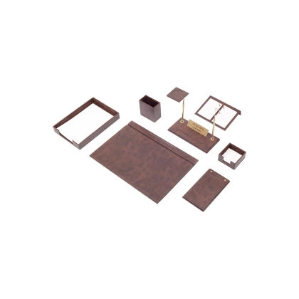 Picture A desk set with 10 useful accessories made of a combination of wood and eco-leather