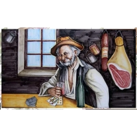 Picture An original garden countertop made of volcanic lava with a depiction of a peasant - Ceramiche Valchida