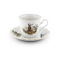 Zdjęcie Stylowa filiżanka do herbaty ze spodkiem z porcelany zdobiona losowym motywem myśliwskim – Leander