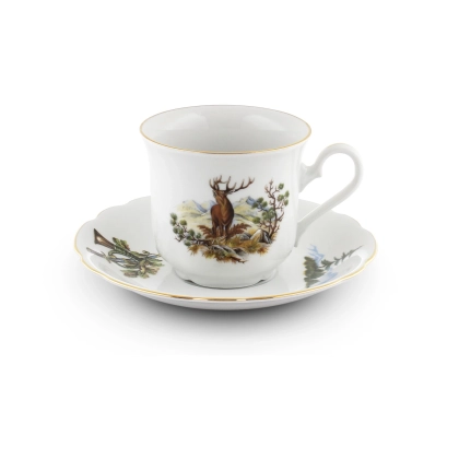 Zdjęcie Stylowa filiżanka do herbaty ze spodkiem z porcelany zdobiona losowym motywem myśliwskim – Leander