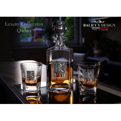 Zdjęcie Karafka i szklanki do whisky Quadro z bursztynem i inicjałem